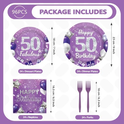 96Pcs Purple and Silver 50th Birthday Party Decorations for Women Serves 24 - Image 5