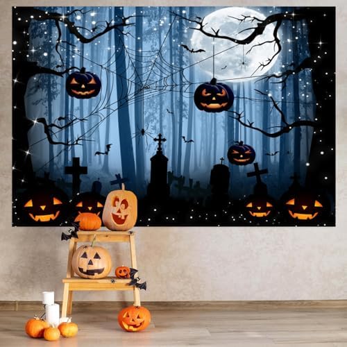 Misty Forest Backdrop Dark Spooky Halloween Eve Full Moon Blue Black Horror Spider Cemetery Hanging Pumpkins Background Photography Studio Photo Booth Props 10x7ft - Image 3