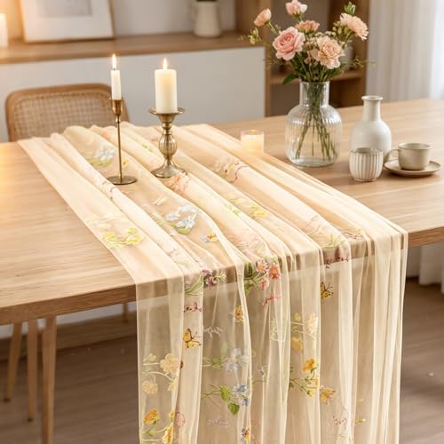 BINBE 3pcs Champagne Florals Table Runner Embroidery Gauze 10FT Daisy Seasonal Tulle Birthday Wedding Holiday Kitchen Dining Table Decor for Home Party - Image 6
