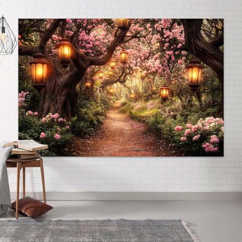 Pink Spring Enchanted Forest Backdrop, Cherry Blossom Road Fairy Tale Wonderland Garden Photography Background for Kids Girls, Baby Shower Birthday Party Decoration Cake Table Photo Booth Props 8X6FT - Image 5