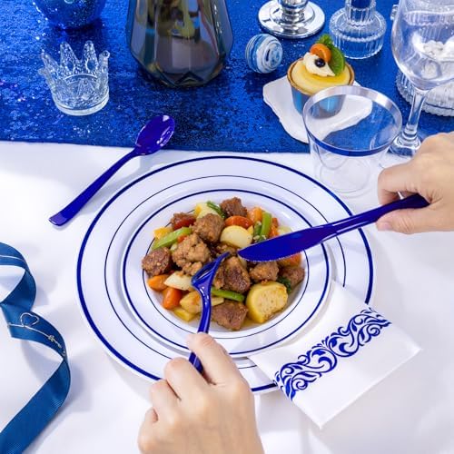 WELLIFE 700 Pcs Blue Plastic Plates for 100 Guests - Plastic Dinnerware Set,Party Supplies Includes 200 Blue Plates,300 Disposable Silverware,100 Napkins,100 Cups - Image 4