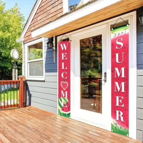 BlissYard 2pcs Welcome Summer Door Banner Watermelon Porch Banner Sign Sweet Fruit Time Front Door Hanging Decor Banners for Summer Home Hawaii Tropical Party Outdoor Decorations - Image 5