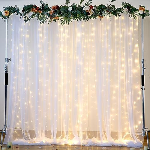 Suppromo White Tulle Backdrop Curtain with Lights String for Parites 20×8ft Sheer Curtains Wedding Baby Shower Birthday Party Photo Shoot Decorations(4 Panels 5ft×8ft) by Suppromo