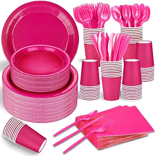 228PCS Hot Pink Party Supplies Set for 30 Guests Paper Plates Set by TWOWYHI