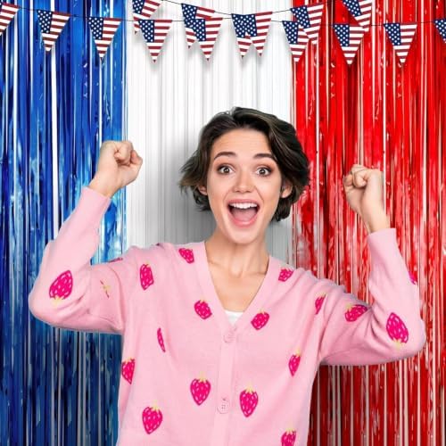 Voircoloria Red White Blue Foil Fringe Backdrop Curtains,3.3x8.2ft, 3 Pack - Image 6
