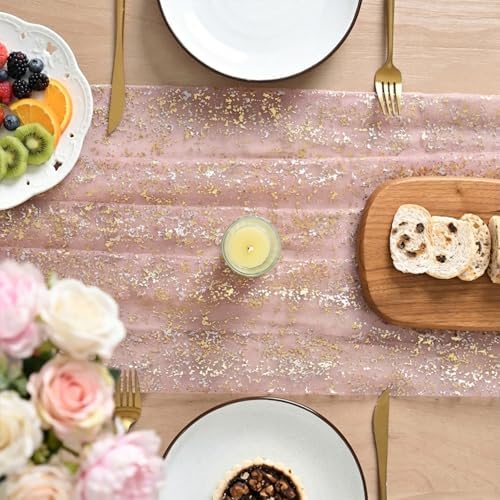Artoid Mode Gold Gauze Pink Table Runner 120 Inch 10FT, Glitter Metallic Foil Sheer Dining Wedding Anniversary Holiday Birthday Table Decor for Home Party - Image 3