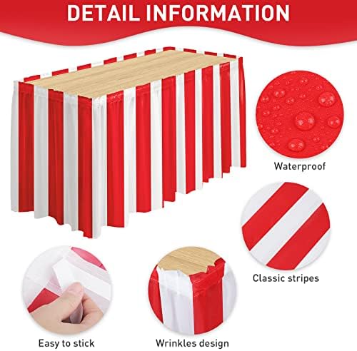 durony 8 Packs Red and White Striped Table Skirt Circus Theme Party Supplies Carnival Table Skirt for Carnival Home Party Decoration, 165 x 30 Inches - Image 3