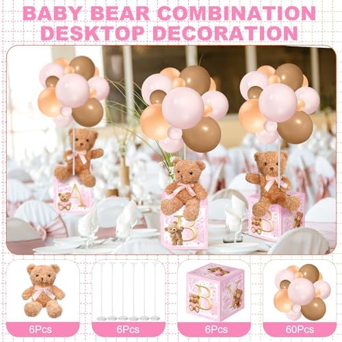 Lenwen 6 Sets Baby Letter Boxes Baby Shower Decor, Bear, Pink - Image 2