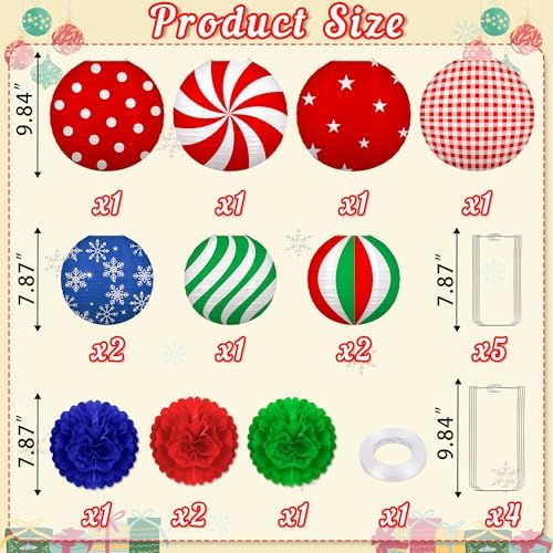 13PCS Christmas Decorations Ornaments Set – 9 Red Green Blue Hanging Paper Lanterns, 4 Pom Poms for Indoor, Home, Xmas Party, Porch Decor - Image 4