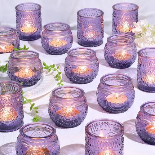 30pcs Assorted Purple Votive Candle Holders for Wedding Decorations, Boho Glass TeaLight Candle Holder, Wedding Table Centerpieces, Bridal Shower Decorations, Retro Purple Party Decor, Party Favors by DEVI