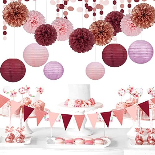 Rose-Gold Pink Burgundy Party Decorations - 15Pcs Tissue Pom Poms Paper Flowers Paper Lanterns Girl Birthday Baby Bridal Shower Bachelorette Engagement Wedding Mothers Day Valentines Galentines Decor - Image 6