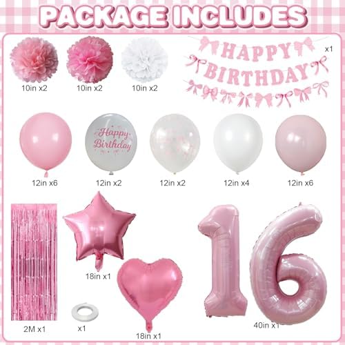 16th Birthday Decorations Girls Pink Number 16 Balloon Bow Coquette Party - Image 3