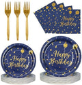 96PCS Happy Birthday Plates and Napkins Party Supplies, Black and Gold Disposable Paper Plates and Napkins with Forks Tableware Set for Birthday Party Decorations 24 Guests (Birthday Blue) by KFJBPB
