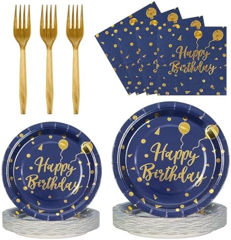 96PCS Happy Birthday Plates and Napkins Party Supplies, Black and Gold Disposable Paper Plates and Napkins with Forks Tableware Set for Birthday Party Decorations 24 Guests (Birthday Blue) by KFJBPB