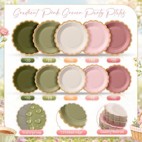 Zhehao 150 Pcs Sage Green Dusty Pink Paper Plates Napkins Serves 50 - Image 3