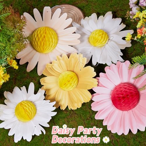 SUNBEAUTY Daisy Flower Hanging Decoration 9Pcs Pink and Yellow Daisy Honeycomb Paper Flower Decorations for Spring Summer Wall Birthday Wedding Classroom Backdrop Garden Tea Party Decor - Image 5