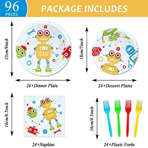Wiooffen 96pcs Robot Birthday Party Decorations Supplies Paper Plates Napkins Disposable Cake Dessert Tableware Set Robots Theme Baby Shower Favors For Boys Kids, Serve 24 - Image 2