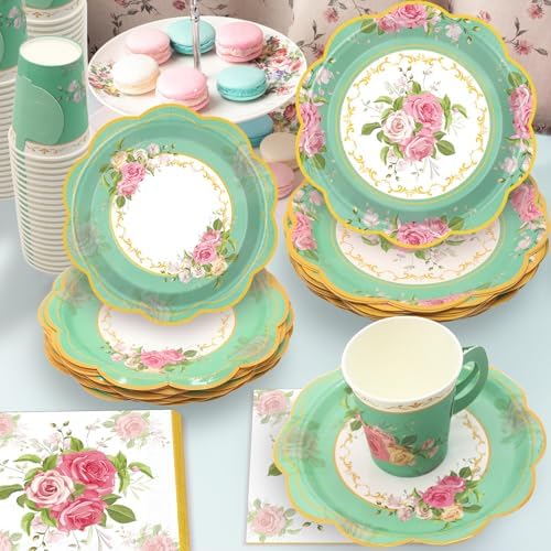 200Pcs Floral Tea Cups and Saucers for Tea Party Supplies, Disposable Tea Cups with Handle and Paper Napkins Dinnerware for Floral Theme Birthday Wedding Bridal Shower Baby Shower(Green) - Image 2