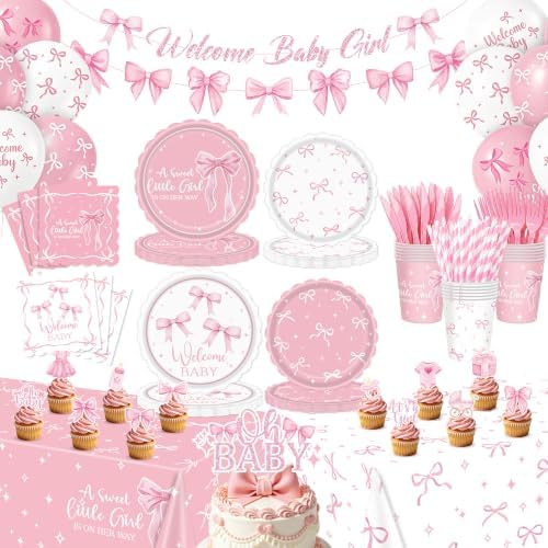 200Pcs Pink Bow Baby Shower Decorations Party Supplies for Girls, Serves 24 by Unknown
