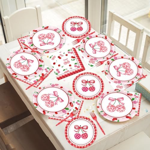 96Pcs Cherries Theme Plates and Napkins Pink Bow Cherry Birthday Party Decoration Disco Ball Disposable Dessert Cake Plates Cherries Paper Dinner Tableware for 24 Guests Girls Boys Kids Party Supplies - Image 5