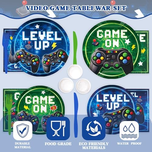 196 Pcs Video Game Party Decorations (Serves 24), gaming party decorations Include Banner Hanging Plates Napkins Cups Forks Knifes Tablecloth Topper Balloons for Boy Party - Image 4