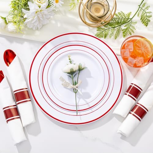 WELLIFE 350 Pcs Red Plastic Plates for 50 Guests - Plastic Dinnerware Set,Valentines Party Supplies Includes 100 Red Plates,150 Silverware,50 Napkins,50 Cups, Valentines Plates - Image 6