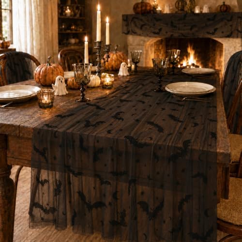 4Pcs Halloween Table Runner 29x72 in Black Mesh Bat Web Table Decor - Image 6