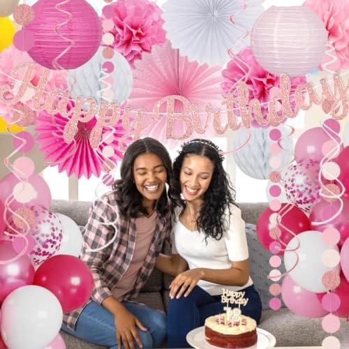 Pink White Birthday Decorations Women Girls, Happy Banner, Paper Lanterns Honeycomb, Tissue Flowers Pom Poms Fan, Light Pink Latex Balloon Pink Confetti Balloons for Birthday Party Décor - Image 7