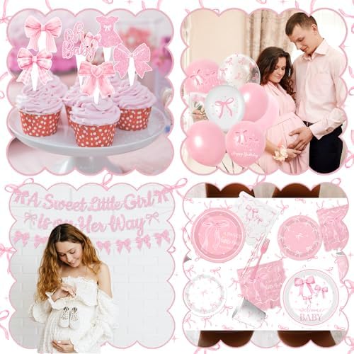 Pink Bow Baby Shower Decorations for Girl,Pink Bow Birthday Party Supplies Include Bow Plate,Napkin,Banner,Cake Topper,Balloons Welcome Baby Girl Decorations for Coquette Bow Party Serves 25 - Image 5
