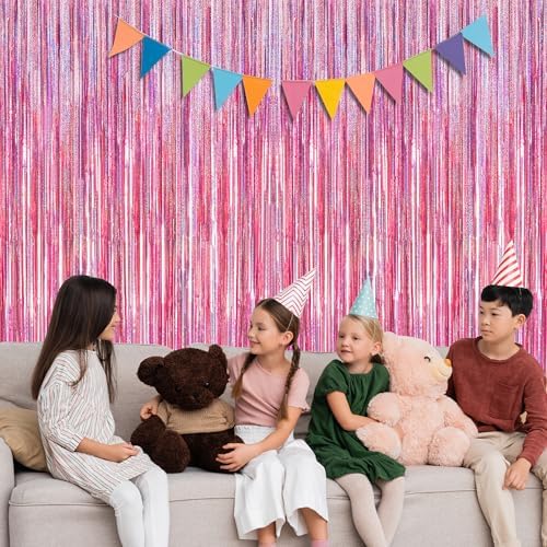 2 Pack Glitter Pink Backdrop, 3.28 FT x 7.05 FT Birthday Party Decorations, Laser Pink Fringe Curtains Foil Streamer Tinsel, Pink Curtains Photo Backdrop Happy Birthday Valentines Day Backdrop - Image 6