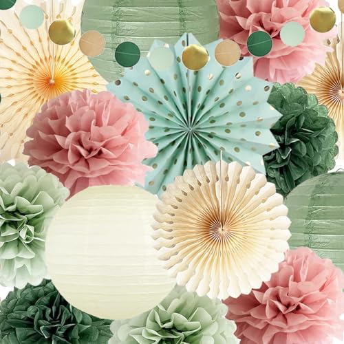 Sage Green and Dusty Pink Party Decorations Green & Pink Party Decor Sage Tissue Pom Poms Paper Lanterns Beige Paper Fans for Women Girls Birthday Wedding Bridal Shower Baby Shower Party Decor - Image 5