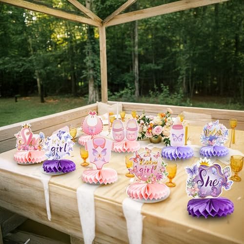 Gyufise 9Pcs Butterfly Baby Shower Decorations Girl Honeycomb Table Centerpieces It's a Girl Table Toppers for Gender Reveal Birthday Party Decor Pink Purple - Image 6