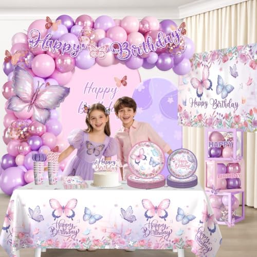 256pcs Butterfly Birthday Decorations Complete Party Set, Butterfly Theme Birthday Decorations, Serves 20pcs Plates, includes Banner Backdrop Balloon Arch Tableware Tablecloth - Image 6