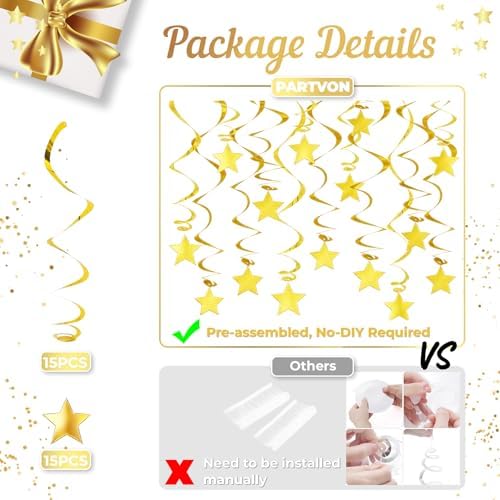 Gold Hanging Swirl Decorations - 30 Pack Metallic Ceiling Swirls with Foil Stars, Plastic Streamers for Graduation, Wedding, Birthday, Easter, New Year's Eve Party Supplies - Image 3