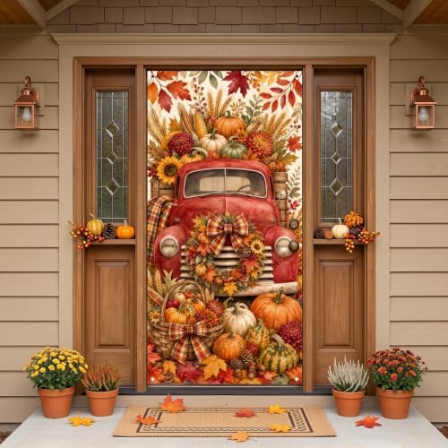 Fall Door Banner 35x71 Inch Autumn Harvest Door Backdrop Decor with Vintage Red Truck Pumpkins Sunflowers Maple Leaves Design for Front Porch Thanksgiving Farmhouse Hanging Home Decor by Unknown