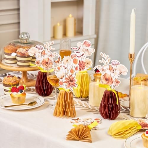 SUNBEAUTY Boho Flower Table Decoration 9Pcs Brown Floral Honeycomb Centerpieces Natural Party Decorations Paper Flower Table Decor for Home Rustic Wedding Baby Shower Neutral Birthday Party Supplies - Image 5