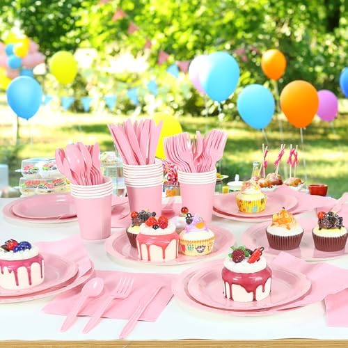 WNINK 168PCS Light Pink Paper Plates and Napkins, Pink Disposable Plates Set for Baby Shower Gender Reveal Girl Birthday Party Supplies Serve 24 Guests - Image 3