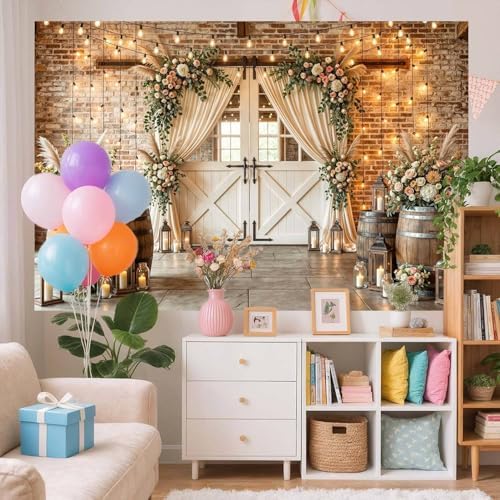 9X6Ft Country Wedding Photography Backdrop Brick Stone Wall Backdrop Photography Country Farmhouse Barn Door Floral Birthday Baby Shower Wedding Bridal Party Banner Photo Booth Props Background - Image 6
