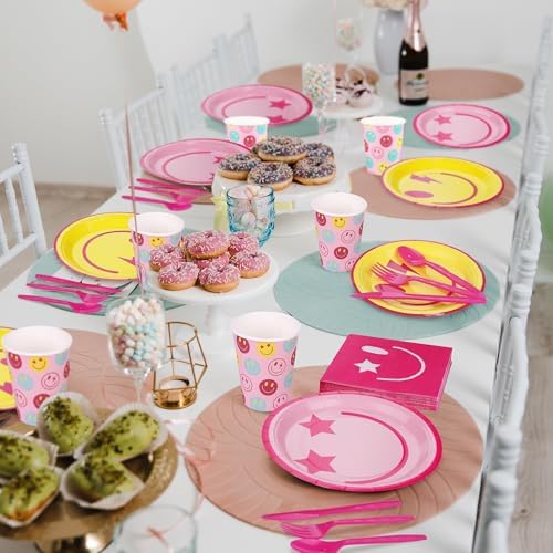 Kochorie 400 Pieces Preppy Smiley Face Party Tableware Set Paper Smile Face Plates Napkins Paper Cups Cutlery for Preppy Birthday Party Decorations Baby Shower Decor, Serve 50 Guest - Image 5