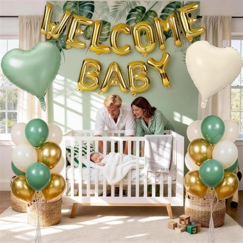 Sage Green Gold Baby Shower Decorations, WELCOME BABY Letter Foil Balloons Banner Backdrop Set with Olive Green Beige Apricot Latex & Heart Balloon for Newborn Infant Babyboy Babygirl Party Decor - Image 6