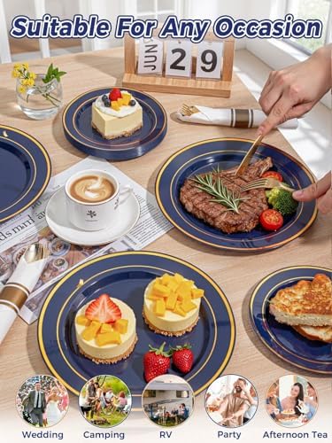 WDF Partyware 350PCS Navy Blue and Gold Plastic Plates with Rolled Napkins Include Dinner Plate 10’’, Dessert Plate 7’’, gold Cups 9 OZ, Pre Rolled Napkins for Birthday/Wedding/Party - Image 5