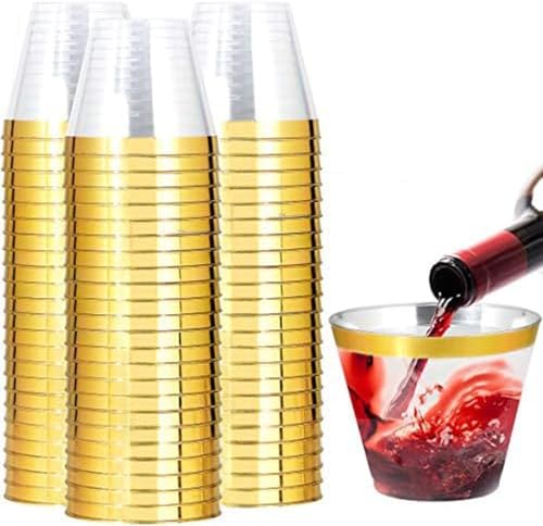 I00000 200 Pack Gold Plastic Cups, 9 OZ Elegant Gold Rimmed Plastic Cups by I00000
