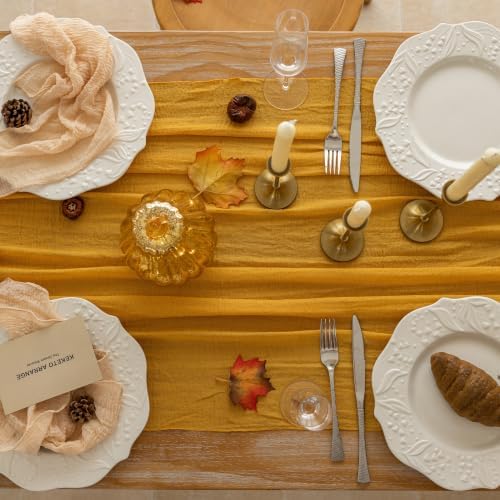 Fall Golden Cheesecloth Table Runner 120 Inch Party Home Decorations - Image 2