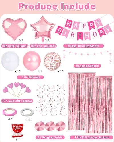 Pink Happy Birthday Party Decorations with Banner Balloons for Women Girls - Image 4