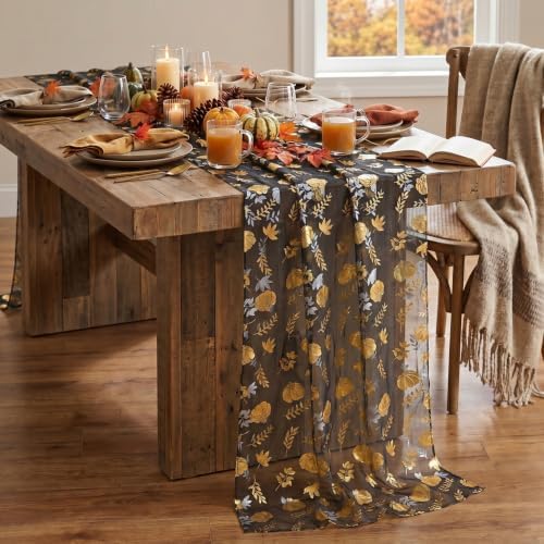 Artoid Mode Fall Gauze Table Runner 120 Inch, Metallic Foil Leaves - Image 5