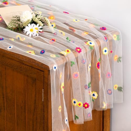 Flower Table Runner Fall Daisy Floral Tulle Cheesecloth Wedding Decor - Image 2
