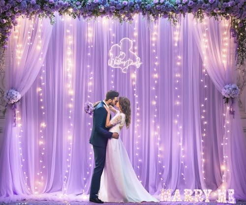 Lavender Tulle Backdrop Curtain with Led Lights for Wedding Baby Shower Girls 10ft X 8ft Lilac Lavender Sheer Backdrop Curtain for Birthday Party Bridal Shower Photoshoot Background Decorations - Image 5