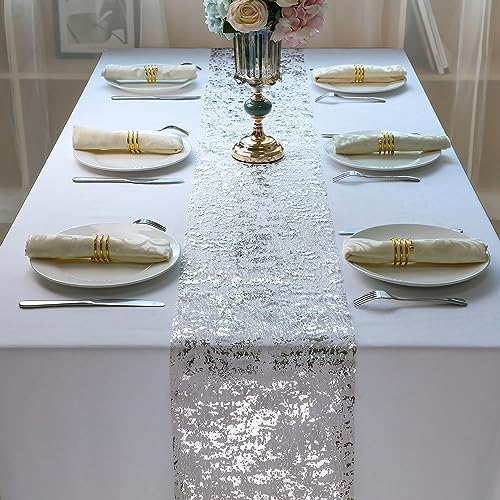 Snowkingdom 2 Pieces Silver Table Runner, Sequin Glitter Foil Metallic Thin Mesh Runner Roll 11"x108", Silver Table Decorations Centerpiece for Wedding Birthday Party Christmas - Image 4