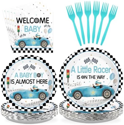 96Pcs Blue Race Car Baby Shower Decorations for Boys, Serves 24 by Greencian