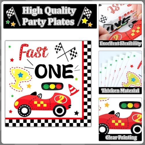 Fast One Birthday Decorations for Boys Racing Car 1st Birthday Party Supplies Fast One Plates Napkins Forks Checked Race Car Disposable Paper Plates Tableware Set for Kids Favors Serve 25 - Image 4